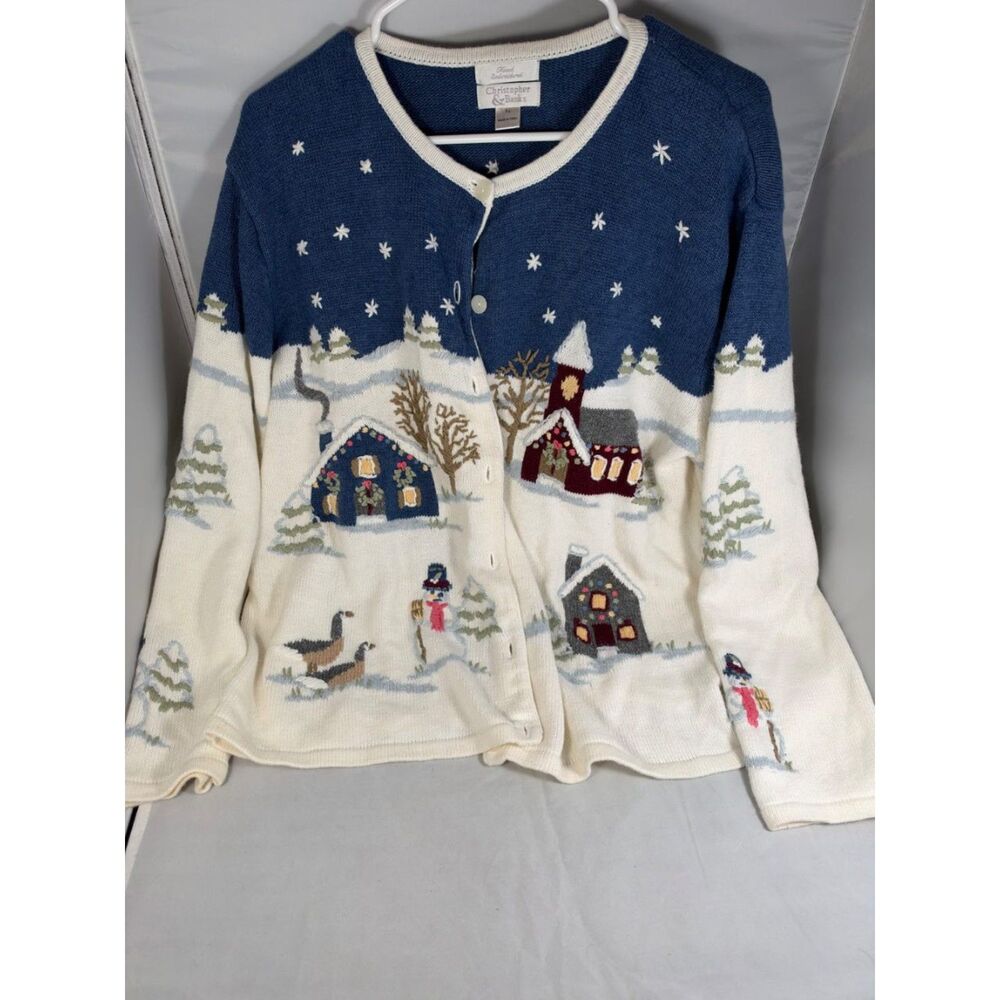 Christopher & Banks Women's XL Winter Scene Hand Embroidered Cardigan Sweater EC
